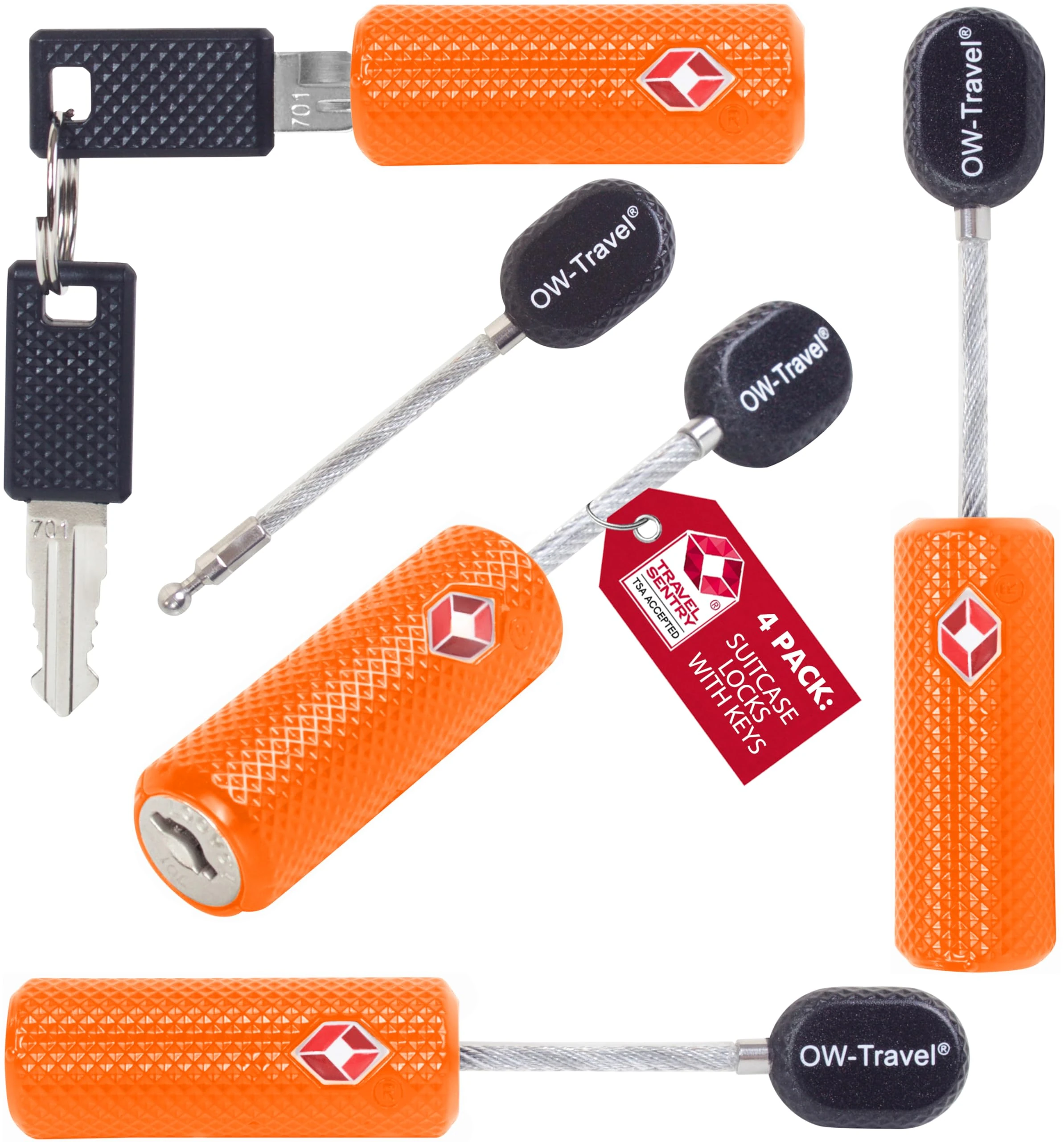 OW-Travel TSA Approved Luggage Locks Suitcase Locks with Keys (4 Pack Orange) Flexible Cable Travel Padlock Bag Small Padlock. Luggage Padlocks for Suitcases. Mini Wire TSA Suitcase Padlocks with Keys