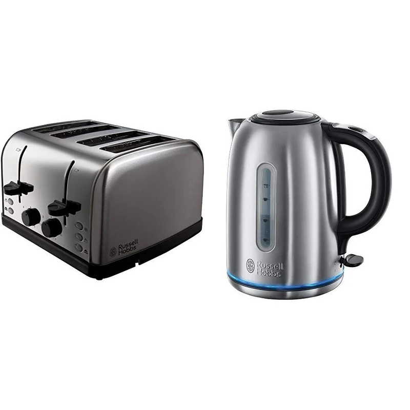 Russell Hobbs Futura 4-Slice Toaster 18790 - Stainless Steel Silver & Hobbs 20460 Buckingham Quiet Boil Kettle, 3000 W, 1.7 Litre, Brushed Stainless Steel Silver