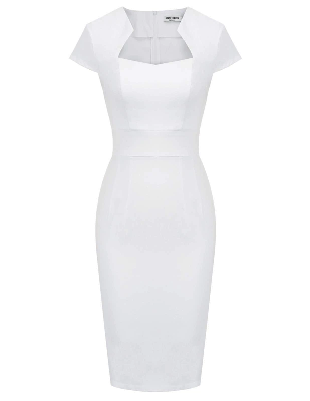 GRACE KARIN Womens 50s 60s Vintage Pencil Dress Bodycon Cap Sleeve Dress, White-8947, M