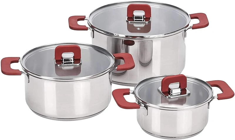 Amazon Basics 3-Piece Stainless Steel Space Saving Induction Cookware Set - Casserole with Stackable Lid, Soft Touch Handle - 16/20/24 cm, 14.56 inches