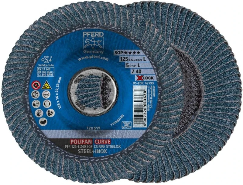 PFERD Polifan Curve Serrated Washer, Pack of 10, 125 mm x 14 mm, Z40, X-Lock (22.23 mm), SGP Steelox, 67689063 - for Precise Fillet Seam Machining