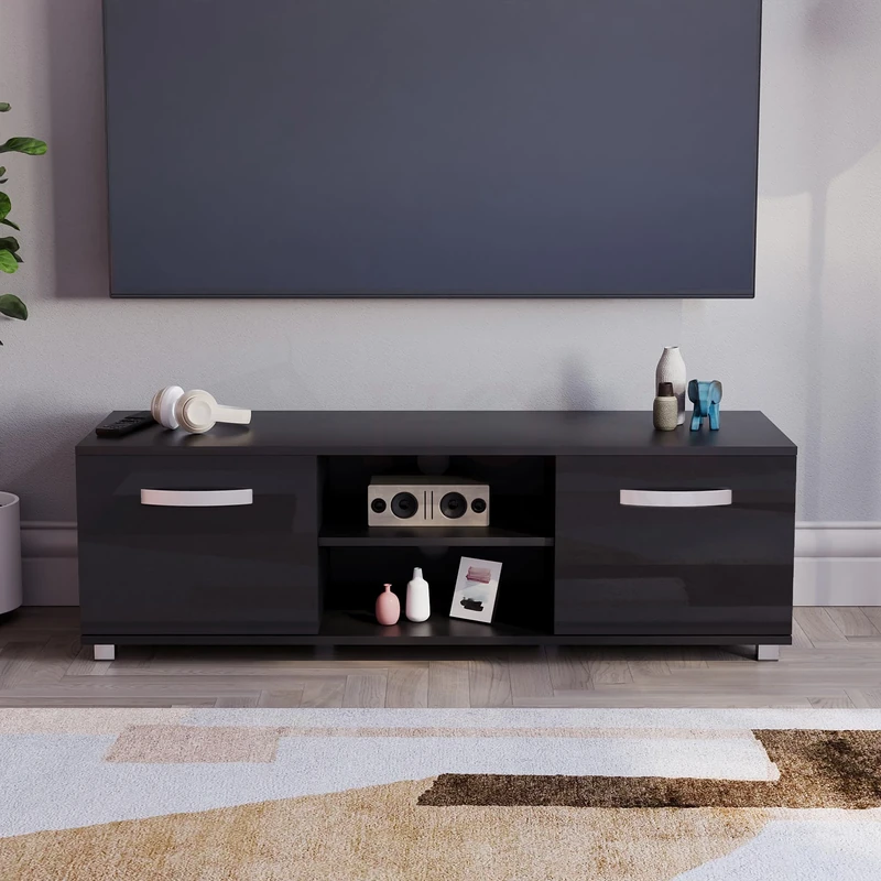 Vida Designs Cosmo TV Unit 2 Door Modern Gloss Matte MDF Living Room Cabinet Media Stand Furntiure Black 120cm
