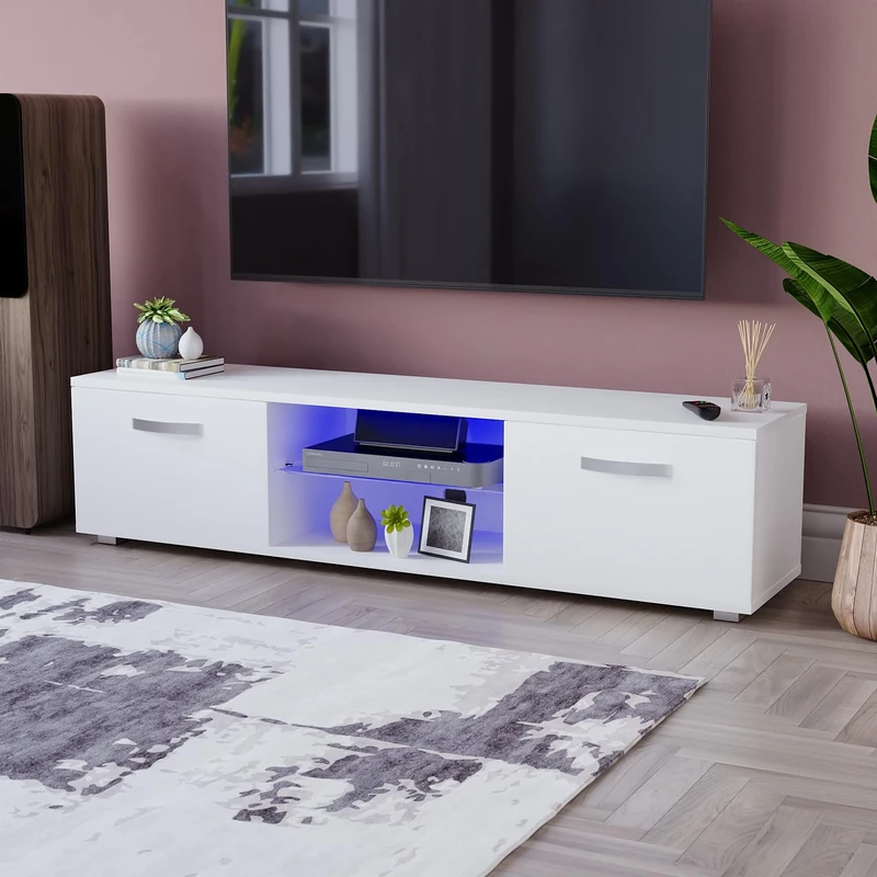 Vida Designs Cosmo LED TV Unit 2 Door Modern Gloss Matte MDF Living Room Cabinet Media Stand Furntiure RGB Light White 160cm