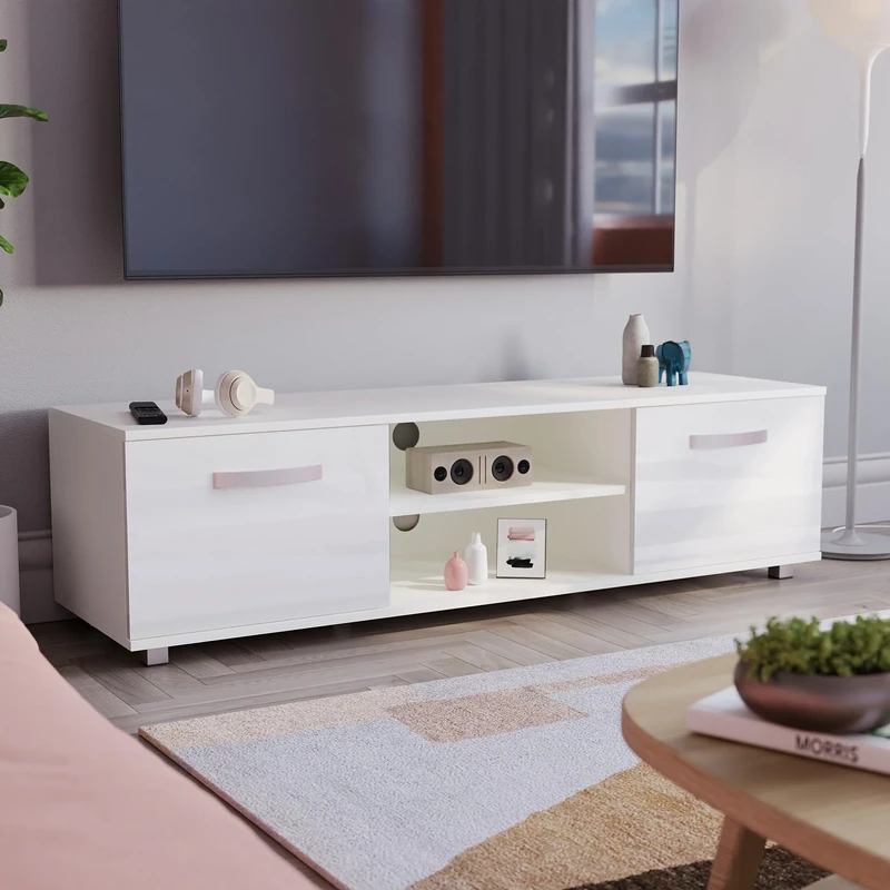 Vida Designs Cosmo TV Unit 2 Door Modern Gloss Matte MDF Living Room Cabinet Media Stand Furntiure White 140cm