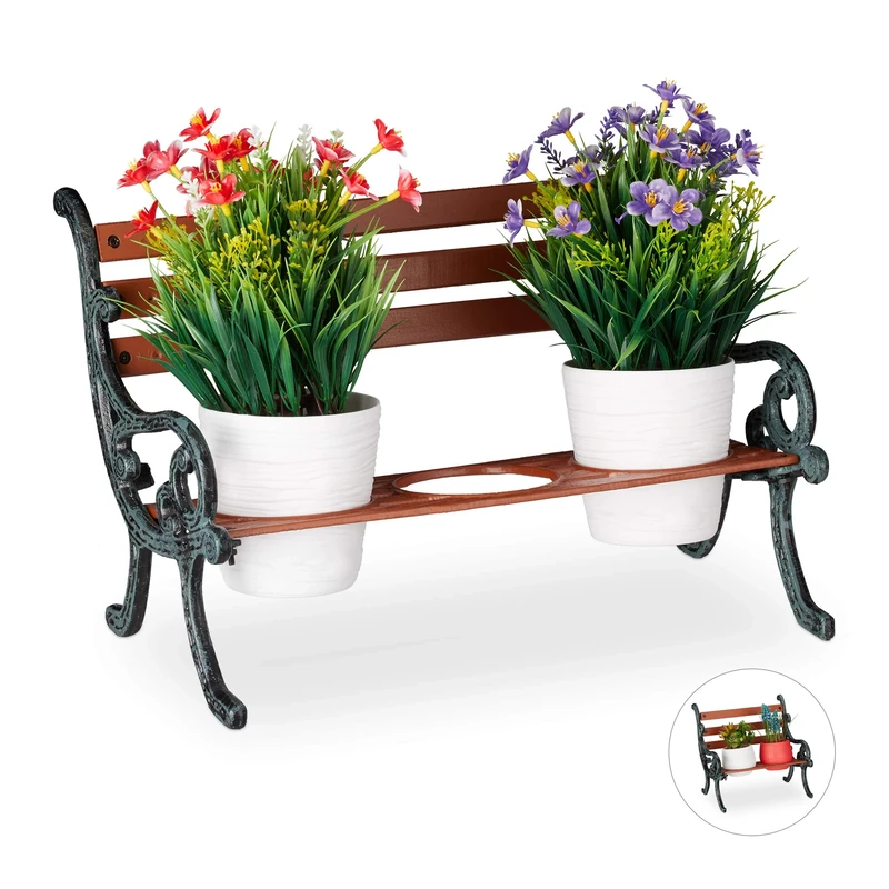 Relaxdays Mini Flower Bench, Wood & Cast Iron, Flower Holder for 3 Pots, Garden Decoration, Brown/Grey-Green