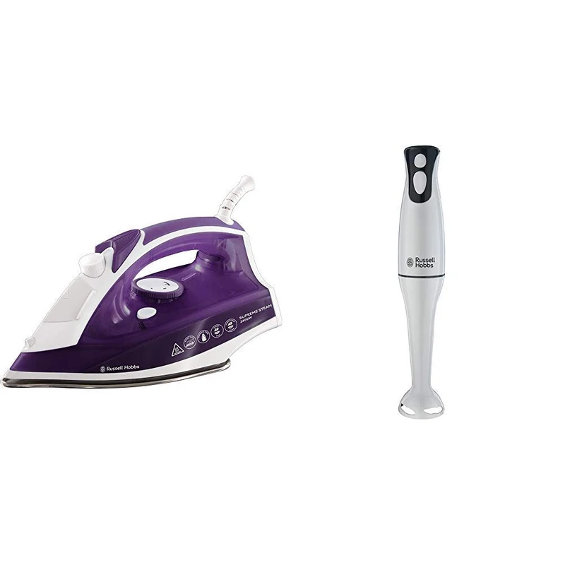 Russell Hobbs Supreme Steam Traditional Iron 23060, 2400 W - Purple/White & Hobbs Food Collection Hand Blender 22241, 200 W - White - Image 1