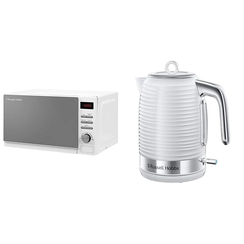 Russell Hobbs RHM2079A 20L Digital 800w Solo Microwave White & Hobbs 24360 Inspire Electric Kettle, 3000 W, 1.7 Litre, White with Chrome Accents
