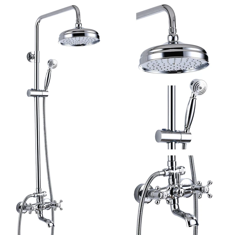 gotonovo Shower Faucet Sets 8 Inch Rainfall Shower Head Triple Function 2 Cross Tub Faucet Knobs Mixer Shower System Adjustable Handheld Shower Spray Chrome Polish Finish