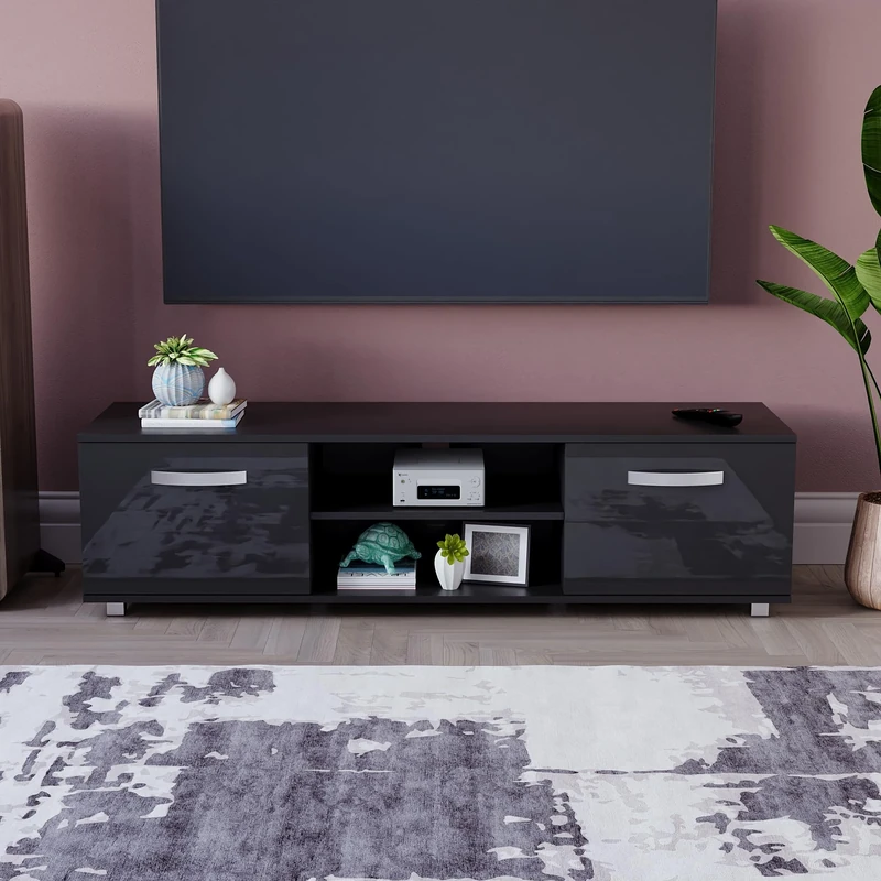 Vida Designs Cosmo TV Unit 2 Door Modern Gloss Matte MDF Living Room Cabinet Media Stand Furntiure Black 140cm
