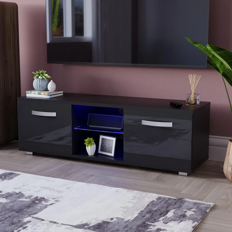 Vida Designs Cosmo LED TV Unit 2 Door Modern Gloss Matte MDF Living Room Cabinet Media Stand Furntiure RGB Light Black 120cm