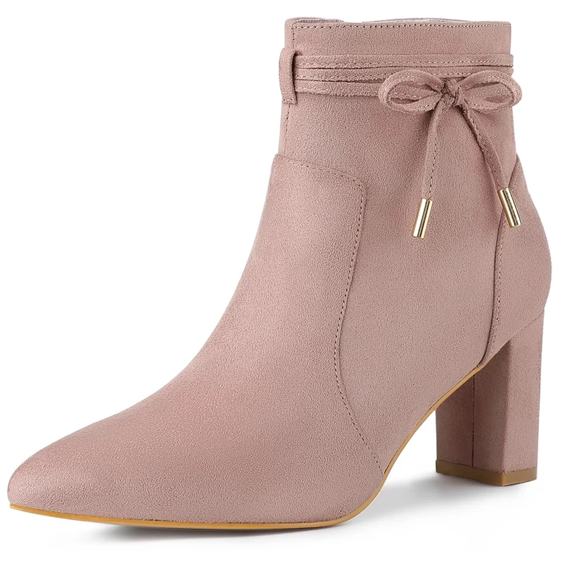 Allegra K Women's Pointed Toe Bow Block Heel Zipper Ankle Boots Dust Pink 7 UK/Label Size 9 US