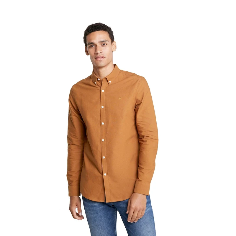 Farah Men's Brewer Slim Fit Plain Button Down Long Sleeve Casual Shirt, Brown (Spainsh Brown 243), X-Small (Manufacturer Size:X Small) - Image 1