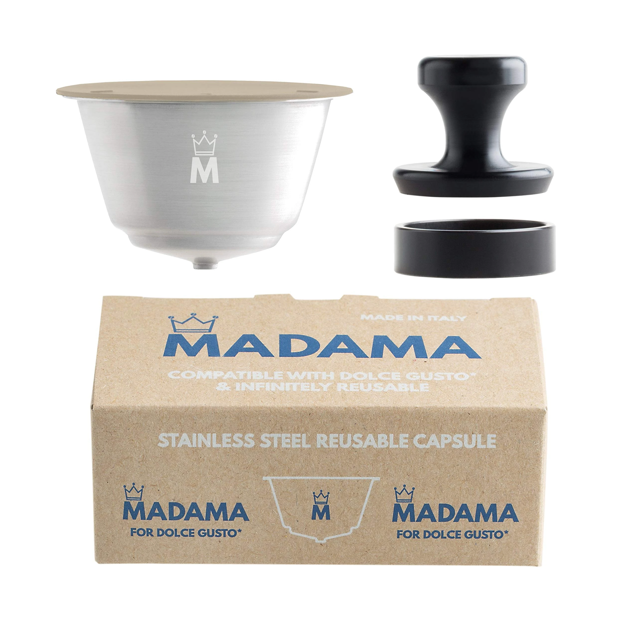 Madama - Refillable and Reusable Capsule Compatible with Dolce Gusto. Stainless Steel and Food-Grade Silicone. Pack of 1 pod