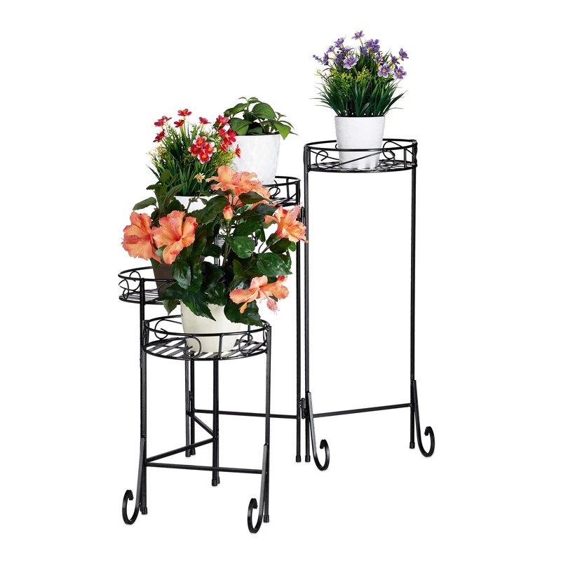 Relaxdays Metal Flower Rack, 5-Tier, Round, In- and Outdoor Use, Vintage Plant Stand, Folding, HWD 65x125x23 cm, Black