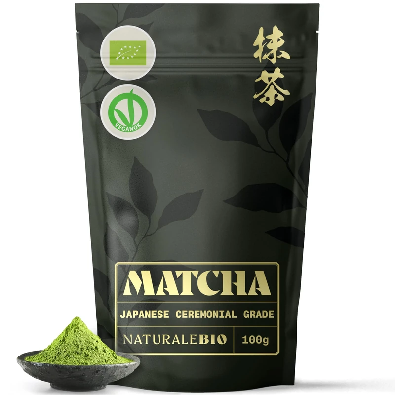 NaturaleBio Organic Ceremonial Grade Matcha Powder, 100g. From Uji, Kyoto for Traditional Japanese Tea Ceremony. Green Tea Free of Added Sugars and Preservatives