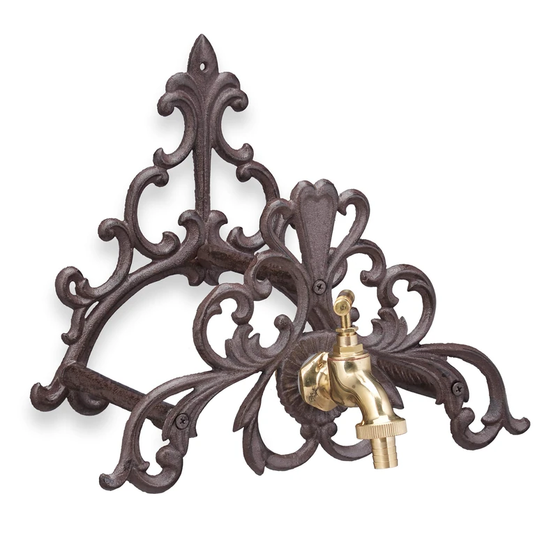Relaxdays Antique Hose Reel, Garden Hose Holder with Faucet, Nostalgic Design, Cast Iron, Dark Brown