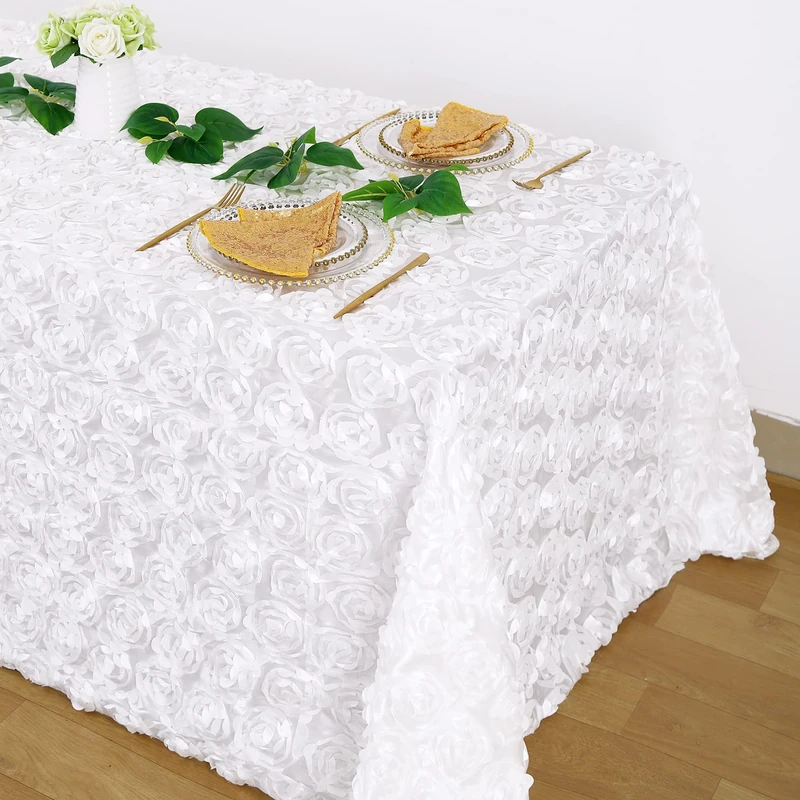 Fanqisi White 3D Floral Satin Raised Rosettes Tablecloth Rectangular 90x132 Inches Rosette Tablecloth for Wedding Baby Shower Table Bridal Shower Meeting Events Decoration