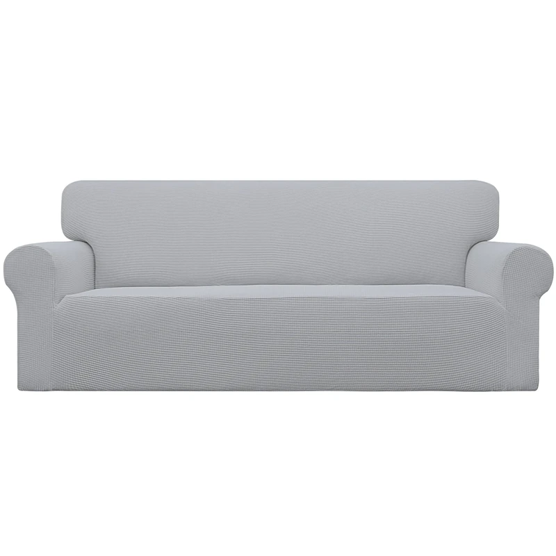 Easy-Going Stretch Sofa Covers Oversized 1 Piece Couch Covers for Couch, Soft Couch Covers with Elastic Bottom Kids, Polyester Spandex Jacquard Fabric Small Checks Grey Silver