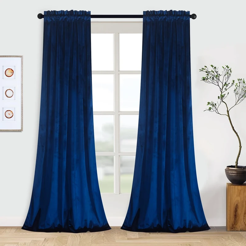 Roslyn Velvet Tab Top Curtains, Navy Blue, 52" Wx96L (2 Panels)