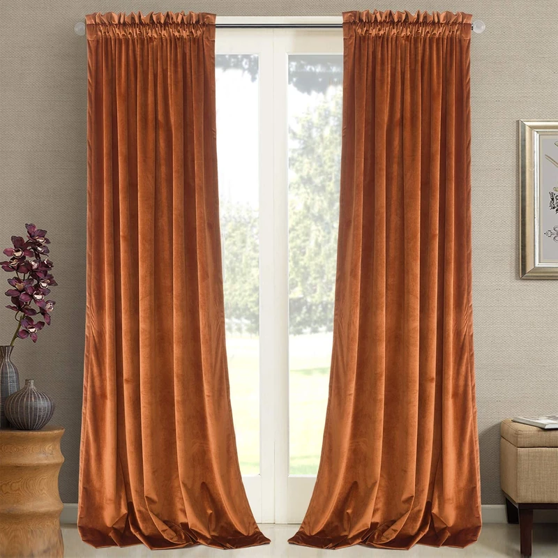 Roslynwood Home Velvet Orange Curtain 96 inch - Heavy Duty Curtains Energy Efficient Room Darkening Rod Pocket Drapes Window Covering Set for Home Theatre/Living Room, 52Wx96L Orange/2 Panels