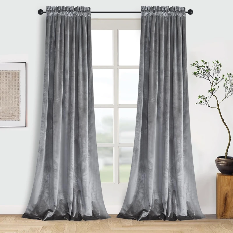 Roslynwood Home Living Room Sliver Velvet Curtains - Sound Reducing Heavy Matt Solid Rod Pocket Drapes/52Wx84L Sliver, 2 Panels
