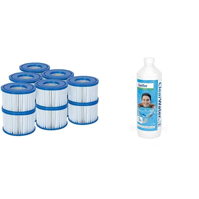 Lay-Z-Spa Hot Tub Filter Cartridge VI for All Lay-Z-Spa Models - 6 x Twin Pack (12 Filters) & Clearwater CH0009 Water Clarifier for Hot tub Spa and Swimming Water Treatment, 1 Litre