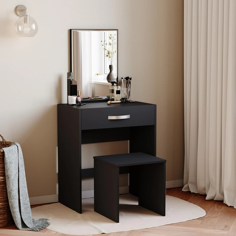 Vida Designs Dressing Table Isla 1 Drawer Mirror & Stool Bedroom Set Makeup Vanity Cosmetics Storage Desk Dresser Furniture Black