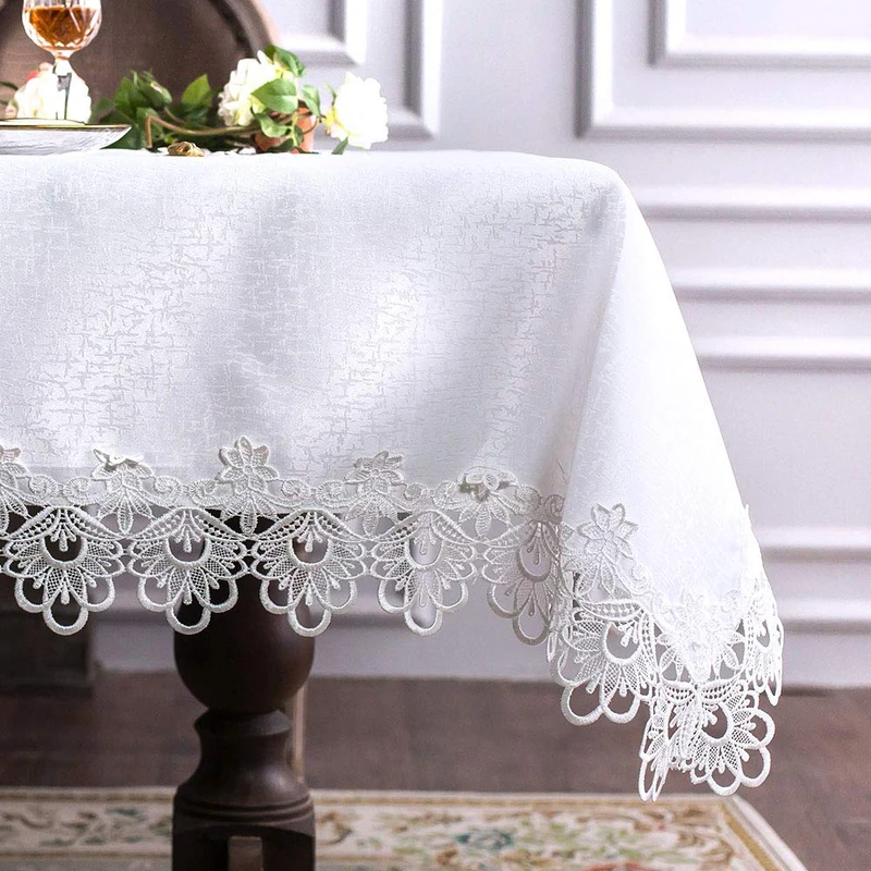 ARTABLE Rectangular Lace Fabric Tablecloth with Macrame Border Clear Embroidered Kitchen Tablecloths for Elegant Holiday Long Dinner Tables (White, Tablecloth 60" x 120")