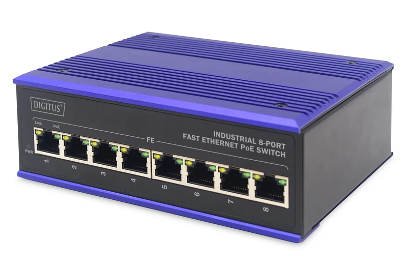 DIGITUS PoE Network Switch - 8-Port Fast Ethernet - DIN Rail Mounting - Terminal Block - Fanless - Black/Blue