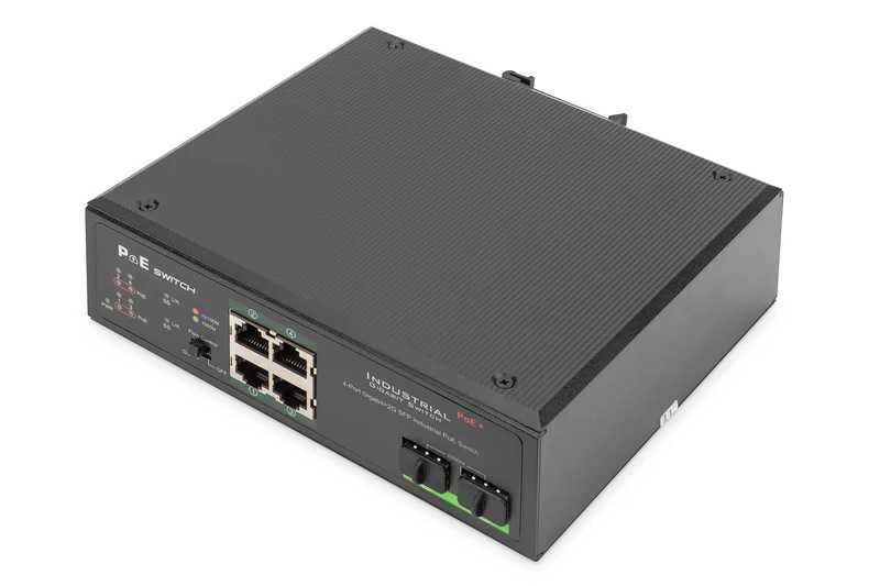 DIGITUS PoE Network switch - 6-port Gigabit Ethernet - 4x RJ45 + 2x Gigabit SFP uplink - unmanaged - DIN rail mounting - 10/100/1000 Mbit/s - Industrial series - black
