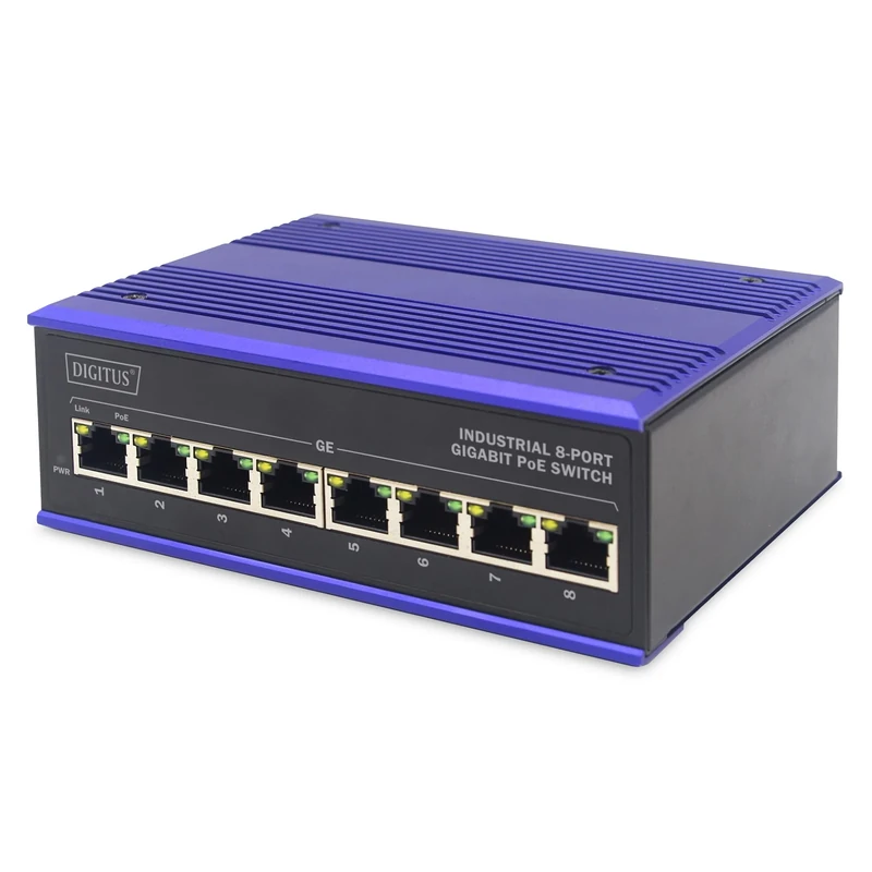DIGITUS PoE Network switch - 8-port Gigabit Ethernet - DIN rail mounting - terminal block - fanless - black/blue