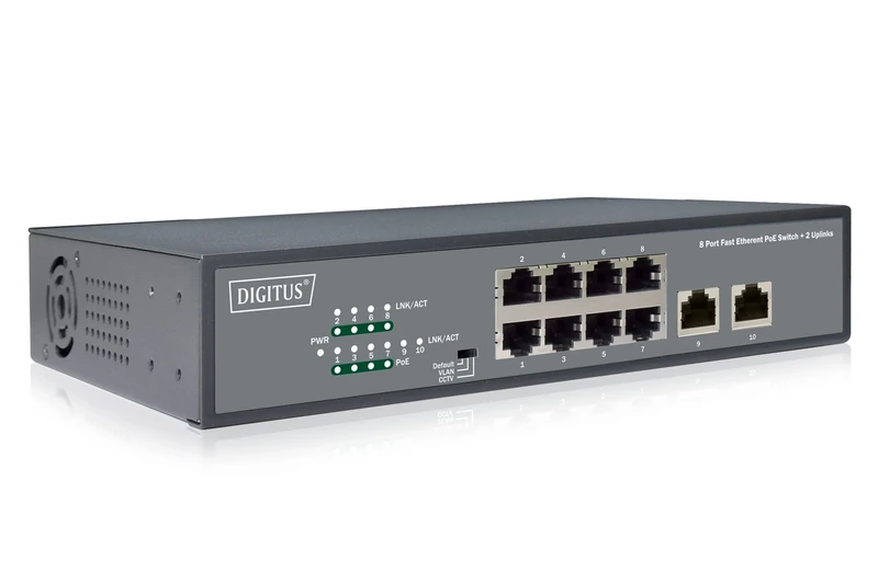 DIGITUS Fast Ethernet PoE+ Network Switch - 19 inch - 8 Ports + 2x Uplink RJ45 - IEEE802.3af/at - 120W Power Budget - Black