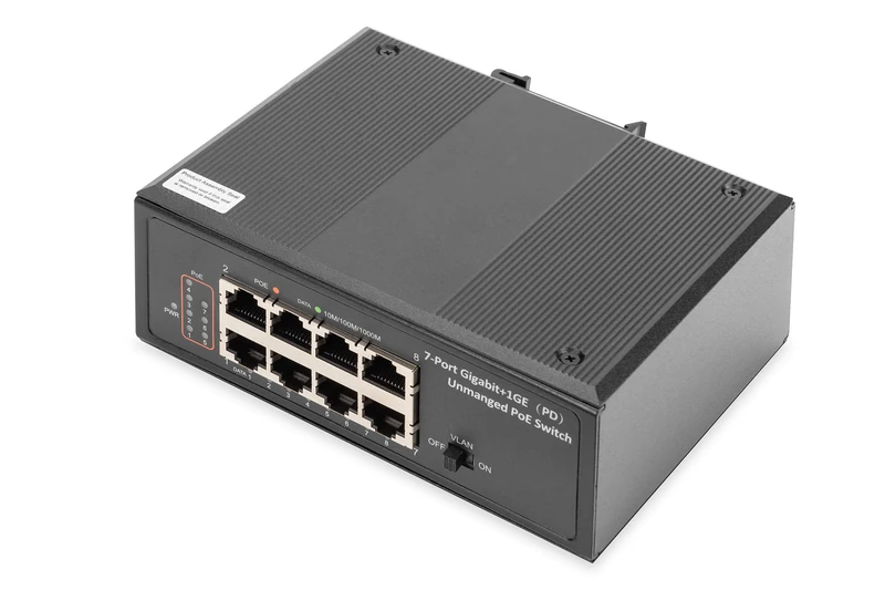 DIGITUS PoE Network switch - 7-port Gigabit Ethernet - 1x power delivery port - 8x RJ45 - 10/100/1000 Mbit/s - DIN rail mounting - Industrial series - black