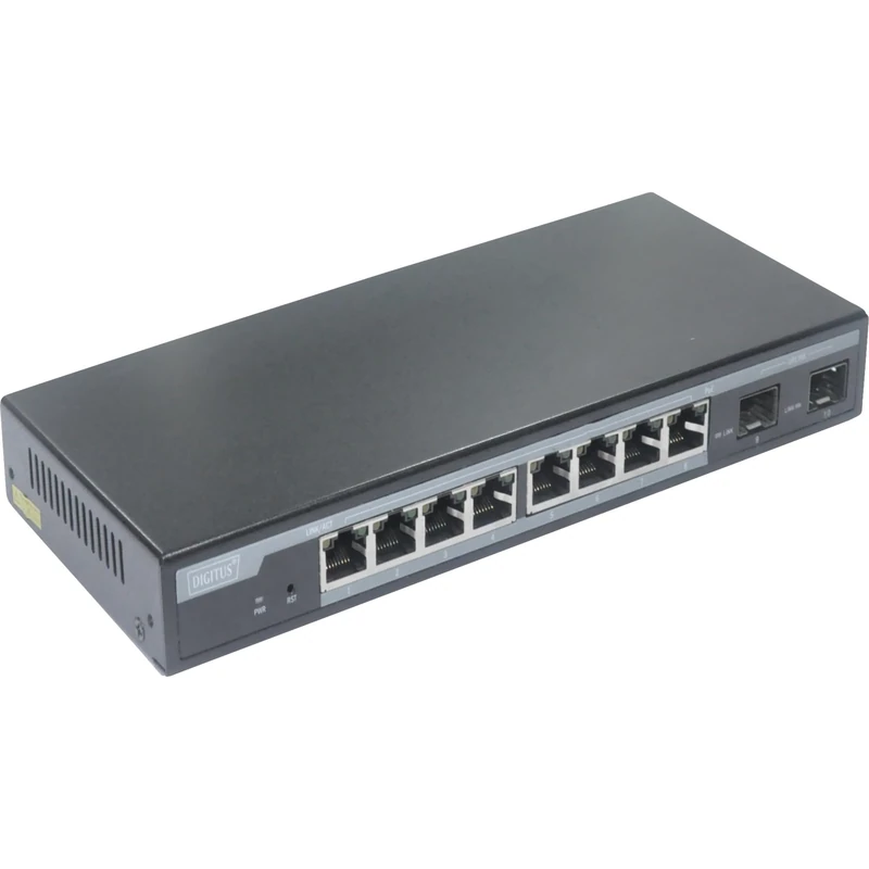 DIGITUS 10-Ports Gigabit Ethernet PoE Network Switch - L2 Managed - 8x RJ45 - 2x SFP uplinks - 86W PoE budget - 10/100/1000Mbps - black