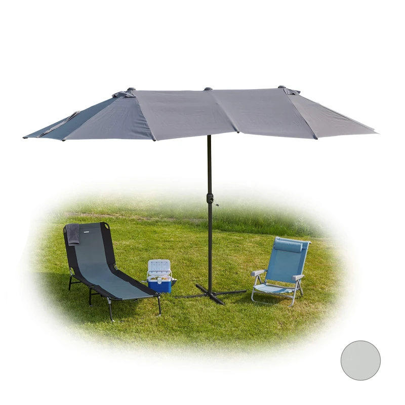 Relaxdays Double Parasol, Oval Umbrella for Garden & Patio with Crank & Stand, HWD 255x450x260cm, Grey
