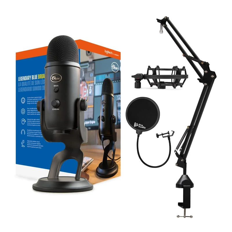 Blue Yeti Microphone (Blackout) with Knox Boom Arm Stand, Pop Filter and Shock Mount Bundle, USB