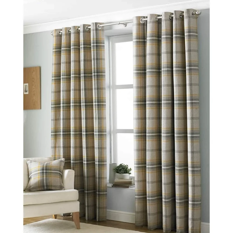 Riva Paoletti Aviemore Ringtop Eyelet (Pair) Heritage Tartan Check-Faux Wool Effect-Ready Made-100% Polyester-117cm Width x 137cm Drop (46" x 54" inches), Polyester, Ochre Yellow, Ring Top Curtains