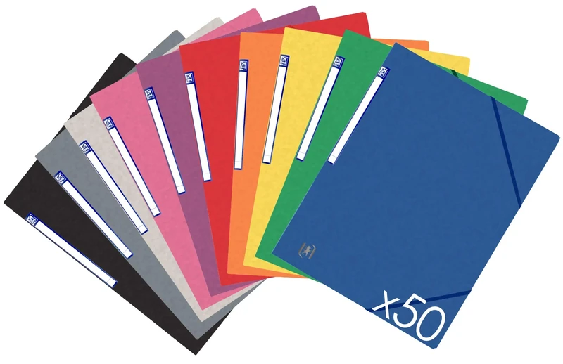 Oxford 50 x A4 3 Flaps Cardboard Folders with Elastic Fasteners - 10 Assorted Colours