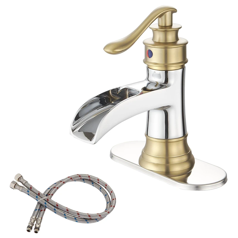 BWE Bathroom Faucet, Brushed Gold & Chrome, Single Handle, Brass