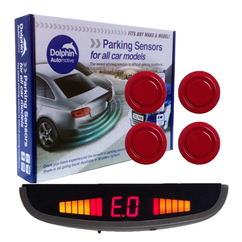 Dolphin DMS455 Micro Reverse Parking Sensors In 9 Colours 4 Ultrasonic Radar Sensors Kit Audio & Rear Roof Mounted Display Alert System Matt & Gloss Black +7 More Colours (Red)