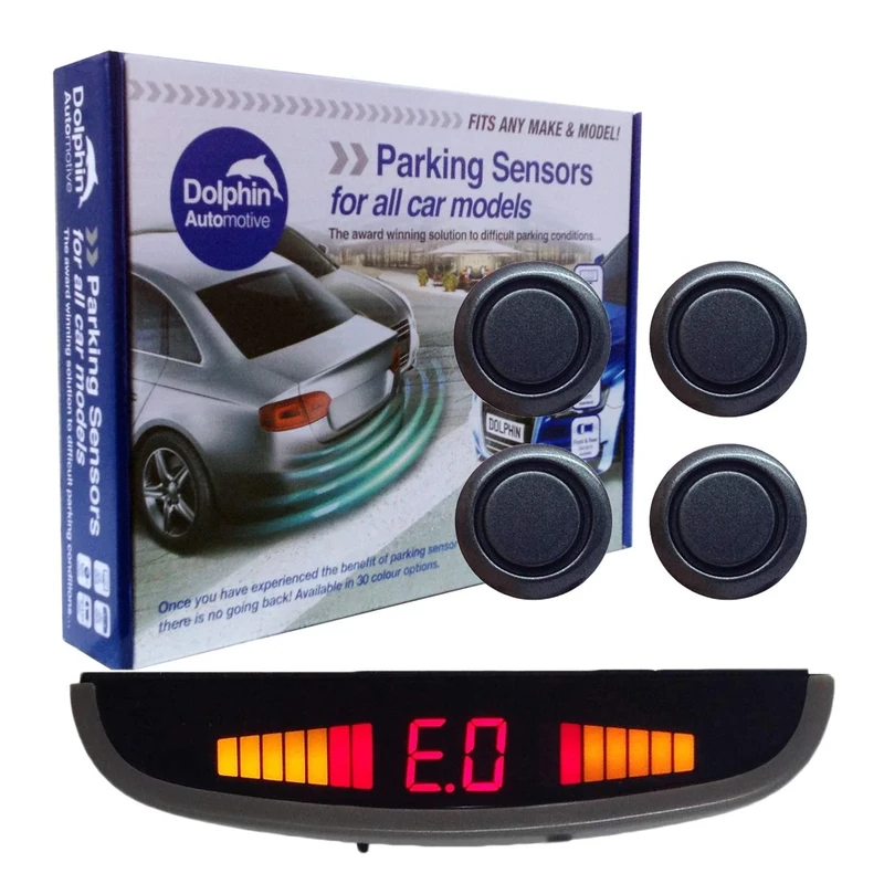 Dolphin DMS455 Micro Reverse Parking Sensors In 9 Colours 4 Ultrasonic Radar Sensors Kit Audio & Rear Roof Mounted Display Alert System Matt & Gloss Black +7 More Colours (Iron Grey)