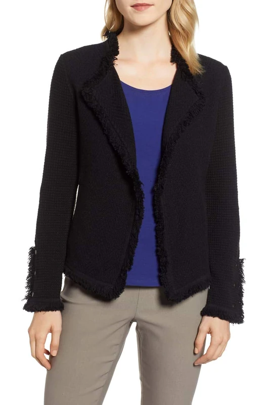 NIC+ZOE Women's Fringe Mix Jacket Casual Blazer, Black Onyx, XL
