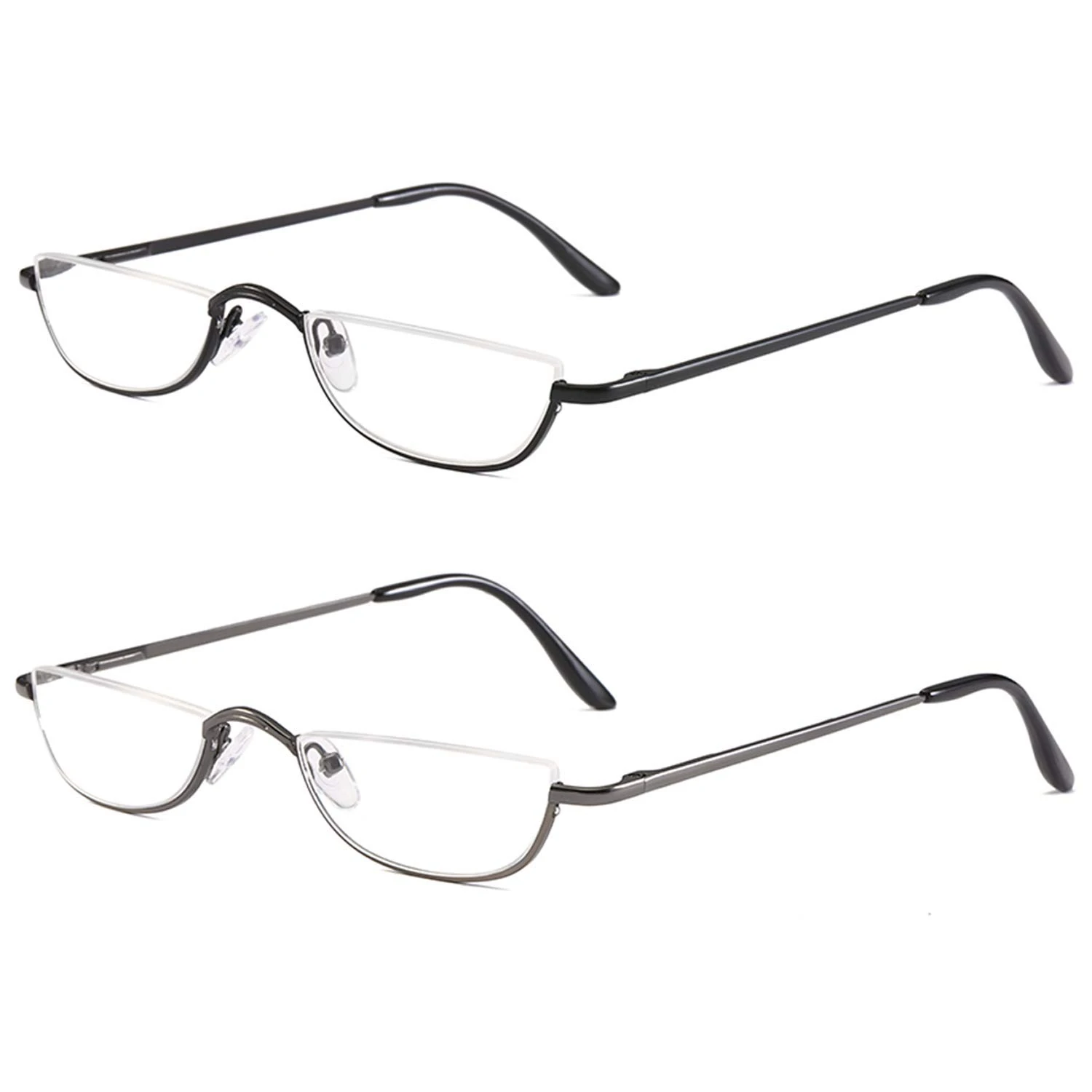 KoKoBin 2-Pack Half Frame Reading Glasses Spring Hinges for Men Women Slim Half Moon Lens Readers Metal Semi Rimless Eyewear +1.0