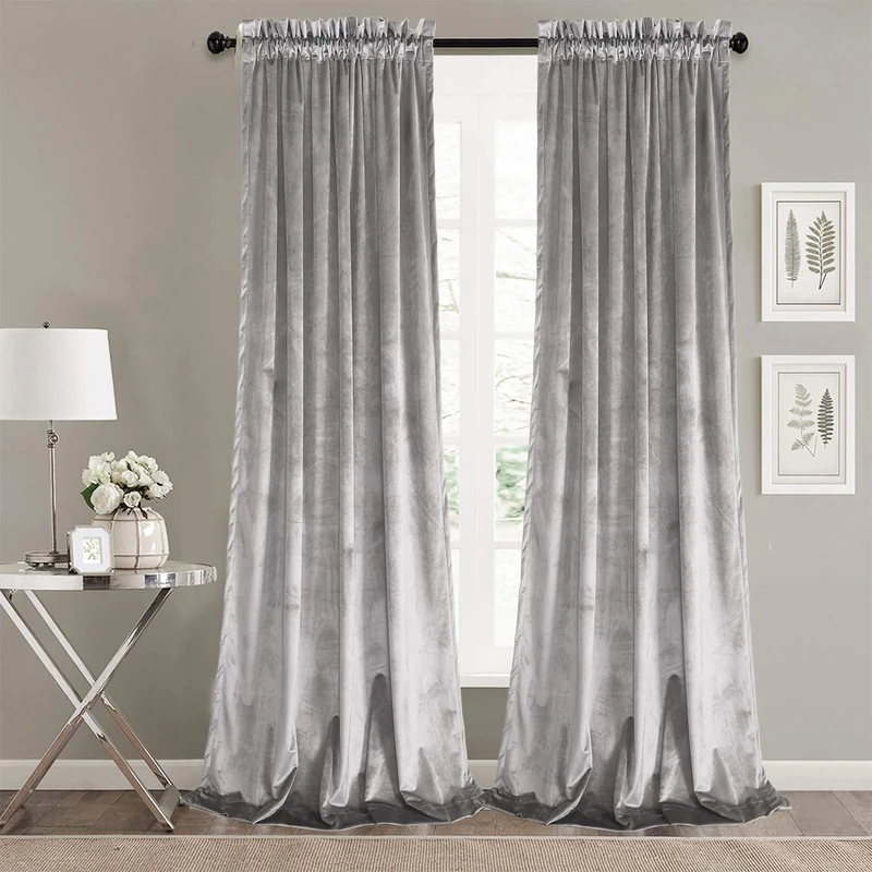 Roslynwood Home Living Room Black Silver Velvet Curtains - Sound Reducing Heavy Solid Rod Pocket Drapes/ 52Wx96L Silver, 2 Panels