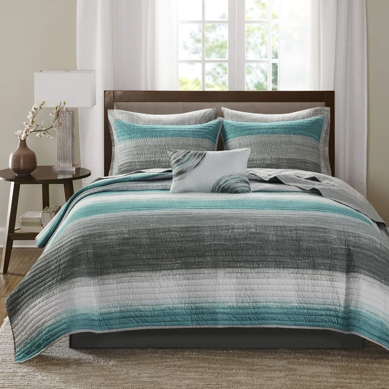 Madison Park Essentials Saben Cozy Bed in A Bag Reversible Quilt with Complete Cotton Sheet Set-Geometric Design All Season Cover, Decorative Pillow, Cal King(104"x92"), Stripes Aqua, 8 Piece