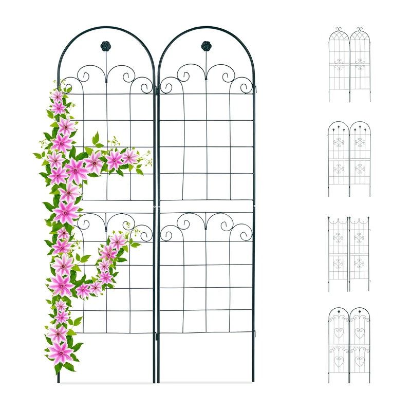 Relaxdays Trellis Set of 2, Metal, 180 x 50 cm, Garden Climbing Aid, Vintage, Arch + Flowers, Freestanding, Dark Green