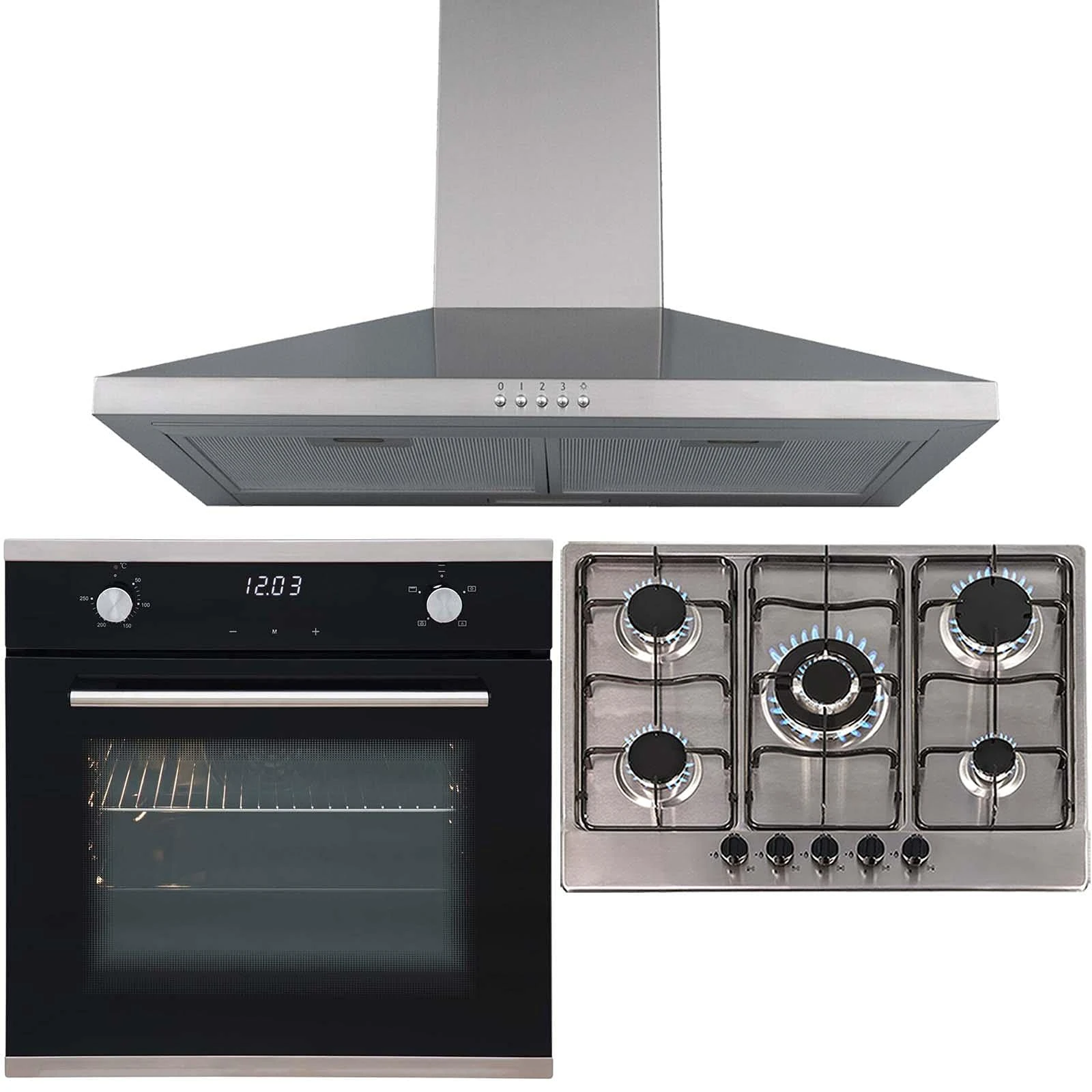 SIA 60cm Black Electric Single True Fan Oven, 70cm Gas Hob & Chimney Cooker Hood