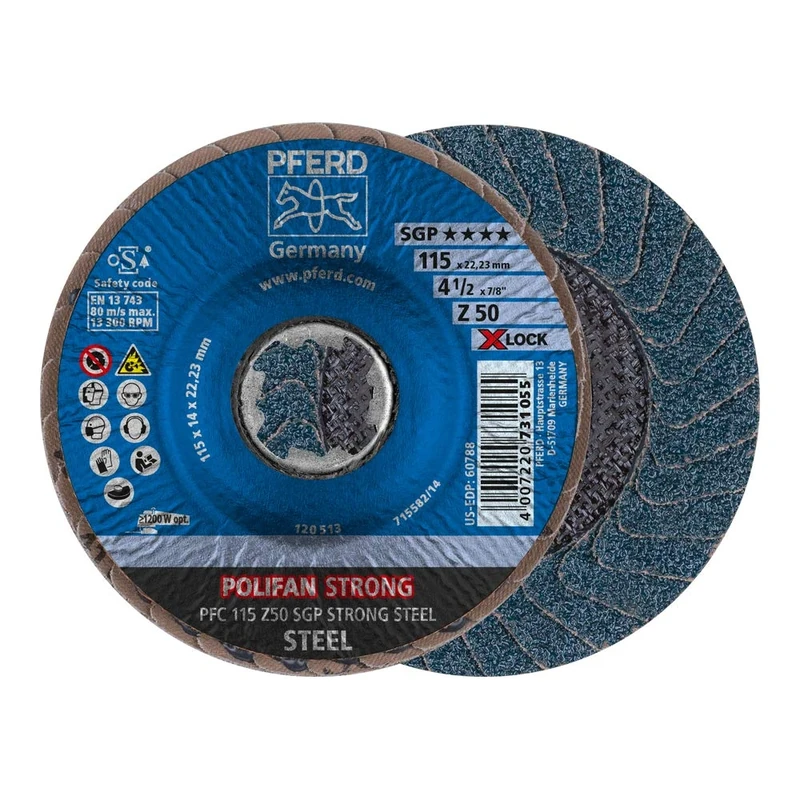 PFERD Polifan Strong, 10 Pieces, 115 mm, Z50, X-Lock (22.23 mm), SGP Steel, 67788118 - for Highest Removal and Less disc Consumption