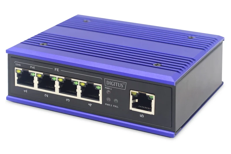 DIGITUS PoE Network Switch - 5-Port Fast Ethernet - DIN Rail Mounting - Terminal Block - Fanless - Black/Blue