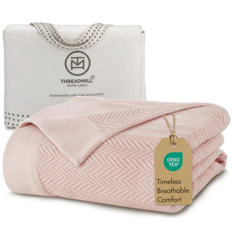 Threadmill Decke aus 100% reiner Baumwolle, King Size, Earl Rose – Fischgrätenmuster, leicht, weich und gemütlich, 350 g/m² & 106x92 cm, mit Tragetasche